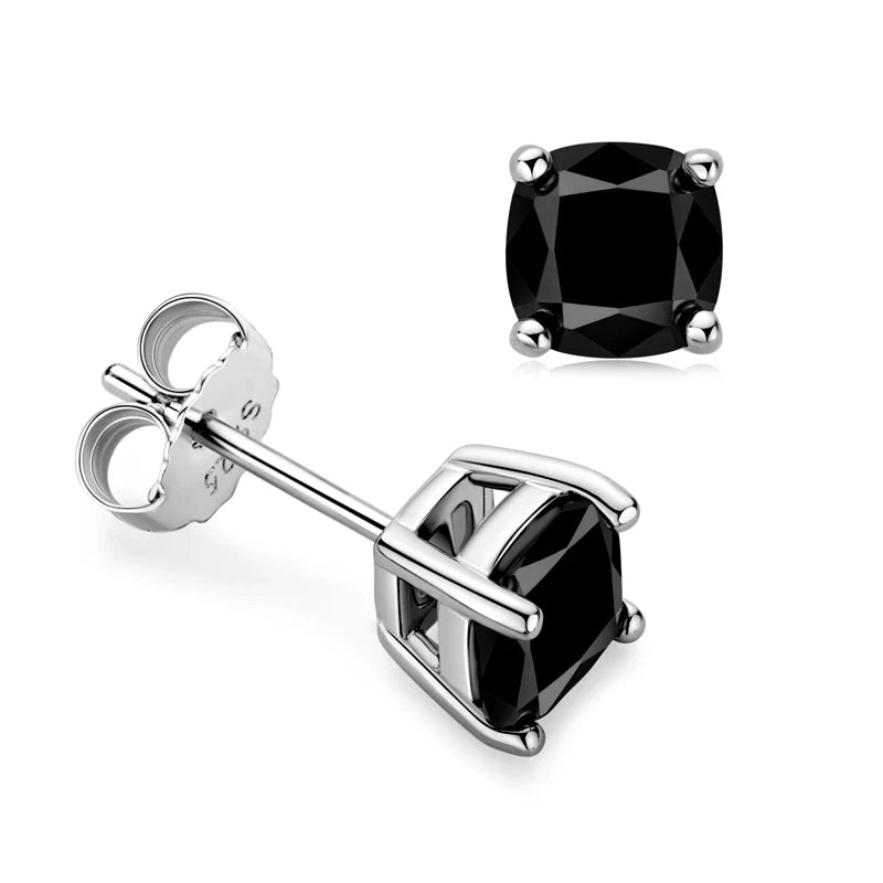 6x6MM 1.0CT Cushion Cut Black Moissanite Stud Earrings for Men Women 925 Sterling Silver Gold Plated Earring Jewelry Gift