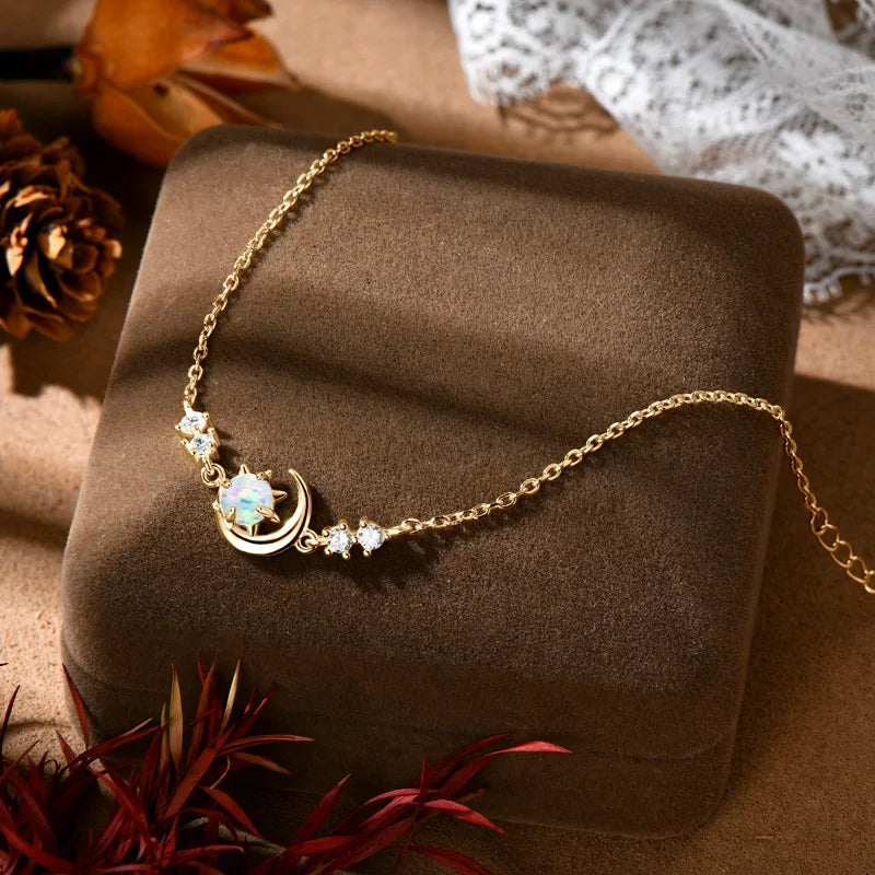 Fashion White Opal Sun and Moon Bracelet Real 925 Silver Chain Bracelets for Women with 5A Zircon New Year Christmas Gifts