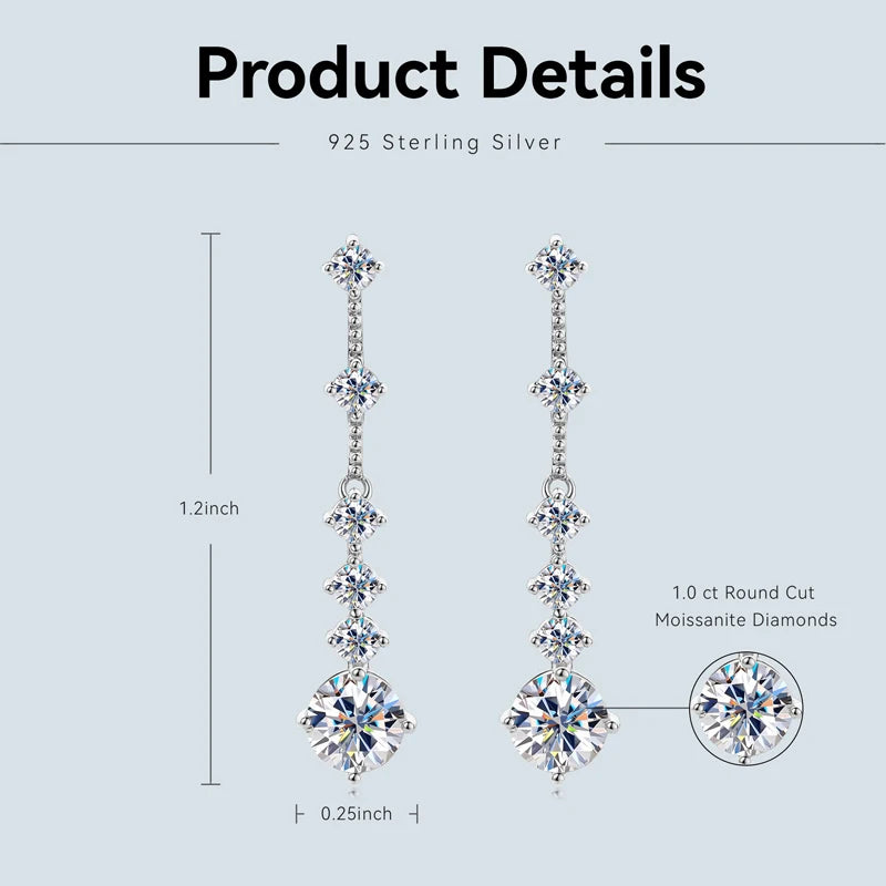 Certified 1CT 2CT Moissanite Earrings Long Drop Earrings Dangle Piercing Ear Wedding Jewelry Original 925 Silver for Women Gift