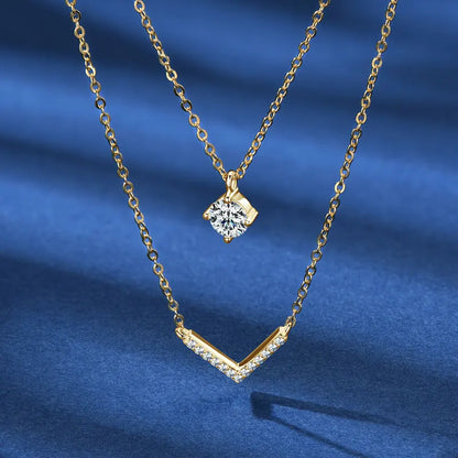V Letter 5mm Moissanite Pendant Double Layer Necklace for Women 925 Sterling Silver Chain Clavicle 2025 New Jewelry Gifts
