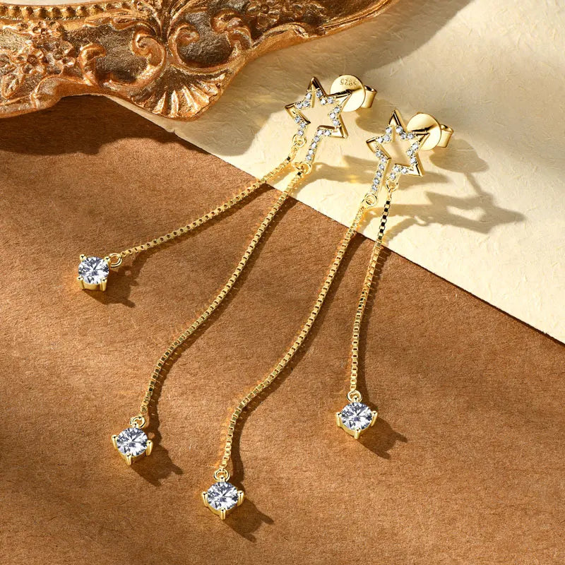 4mm D Moissanite Star Tassel Drop Stud Earrings for Women Long Chain Dangle Earrings 925 Silver GRA Certified Fine Jewelry