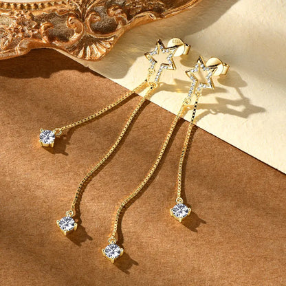 4mm D Moissanite Star Tassel Drop Stud Earrings for Women Long Chain Dangle Earrings 925 Silver GRA Certified Fine Jewelry