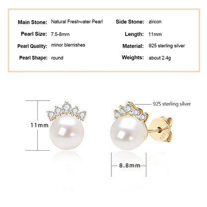 100% S925 Sterling Silver 7.5-8mm Natural Freshwater White Pearl Crown Piercing Stud Earrings for Women Fine Jewel Gifts