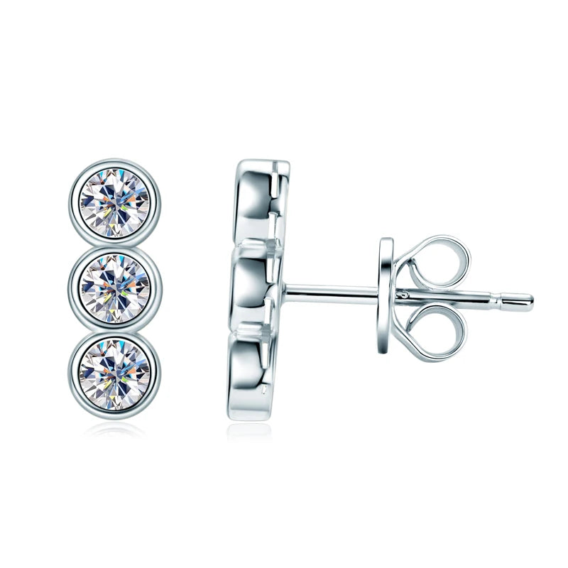 New Studs Earrings for Women 925 Sterling Silver Bezel Setting 3mm Real Moissanite Earrings Three Stone Piercing Jewelry Gifts