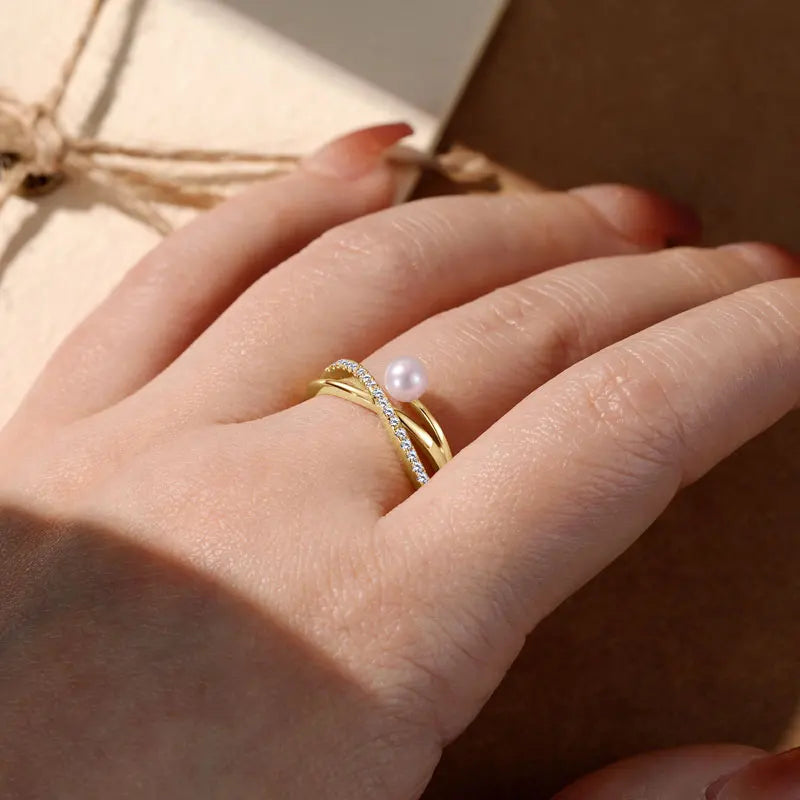 925 Sterling Silver Cross Ring 4-4.5mm Natural Freshwater Pearl Rings for Women Fashion adjustable Open Finger Band Jewel