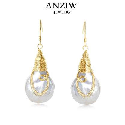 Natural Large Baroque Pearl Drop Earrings 925 Silver Handmade Wire Wrap Bulb Hook Earrings for Women Wedding Party Jewelry