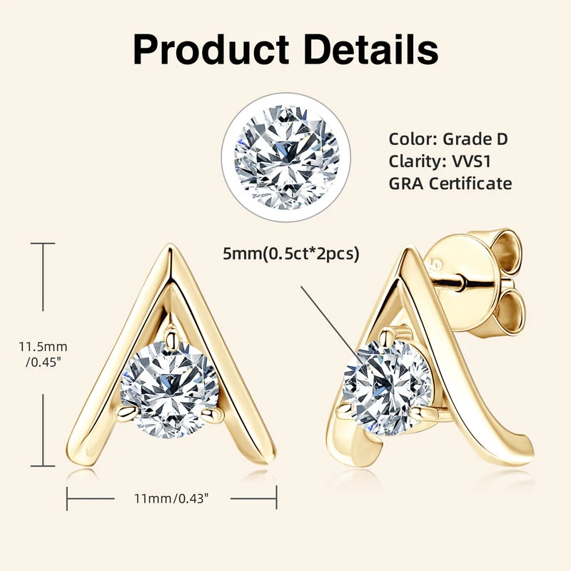 Original 925 Silver 5mm 0.5ct Round D Moissanite Triangle Stud Earrings  for Women Fashion A-shape Party Jewelry Hypoallergenic
