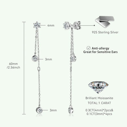 Real 925 Silver D Color Moissanite Stud Earrings Long Chain Drop Earrings Piercing Ear Wedding Jewelry for Women Gift 2024 Trend