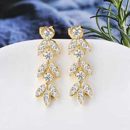 Real Moissanite Earrings Leaf Chandelier Drop Dangle Long Earrings 925 Silver Piercing Studs for Women Cute Jewelry Korean