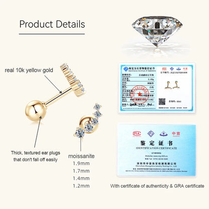 Real Gold 10k D-E Moissanite Stud Earrings Yellow Gold  5-stone Mini Earrings GRA Certified Wedding Engagement Jewelry for Women