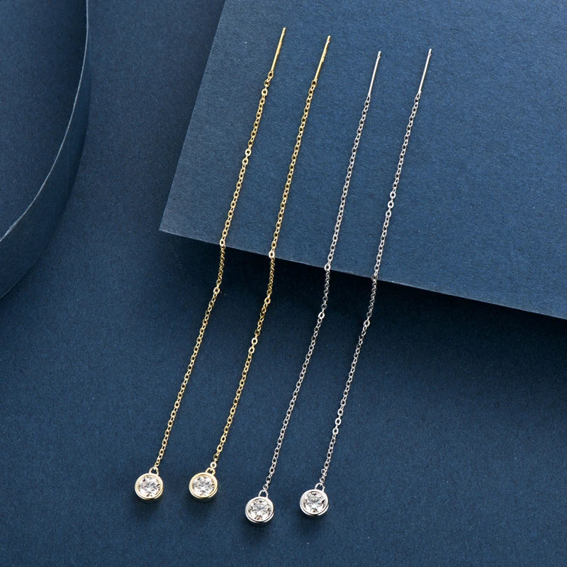 925 Sterling Silver Ear Line Earrings Round Cut Moissanite 5mm (0.5ct) Pendant Dangle Tassel Earrings Threader for Women