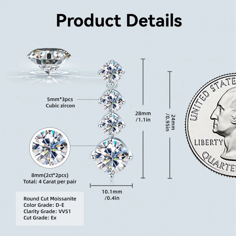 Certified 1CT 2CT Moissanite Earrings Long Drop Earrings Dangle Piercing Ear Wedding Jewelry Original 925 Silver for Women Gift