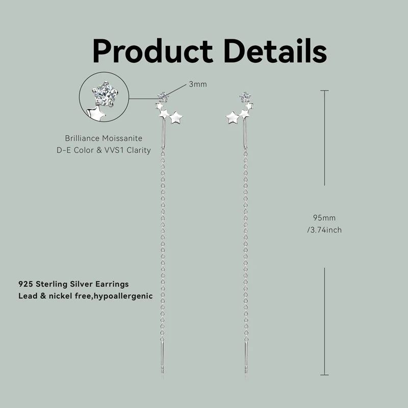 2024 Trendy 925 Sterling Silver Four Stars Stud Ear Line Earrings 3mm Round Moissanite Long Earrings Threader for Women