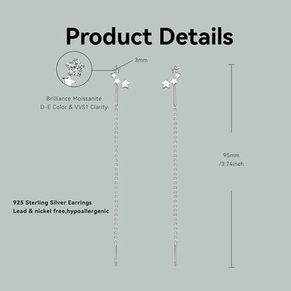 2024 Trendy 925 Sterling Silver Four Stars Stud Ear Line Earrings 3mm Round Moissanite Long Earrings Threader for Women