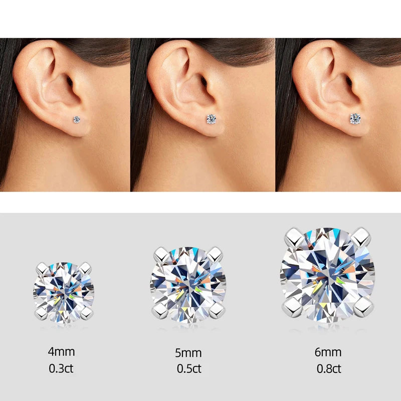2.0ct Four-Claw Solitaire Moissanite Stud Earrings 0.5-1.0ct 925 Sterling Silver White Gold Earring for Women Jewelry Gift