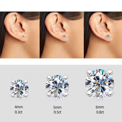 2.0ct Four-Claw Solitaire Moissanite Stud Earrings 0.5-1.0ct 925 Sterling Silver White Gold Earring for Women Jewelry Gift