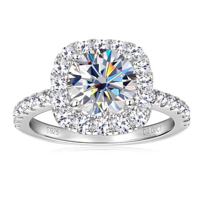 Real 2CT 8mm Round Moissanite Square Ring 925 Sterling Silver Luxury Brilliant Diamond Wedding Finger Rings Band For Women