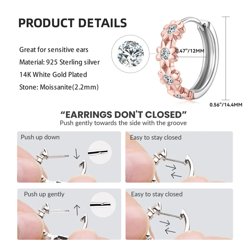 18K Yellow Gold Plated Women's Earrings Delicate Flower Hoops 2.2mm Real Moissanite 925 Silver Certified Jewelry Wedding