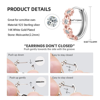 18K Yellow Gold Plated Women's Earrings Delicate Flower Hoops 2.2mm Real Moissanite 925 Silver Certified Jewelry Wedding