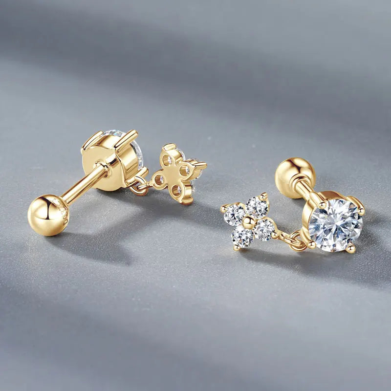 Pure Gold Earrings Lucky Clover Flower Moissanite Drop Stud Earrings 10K for Women Charm Wedding Jewelry & GRA Certificate
