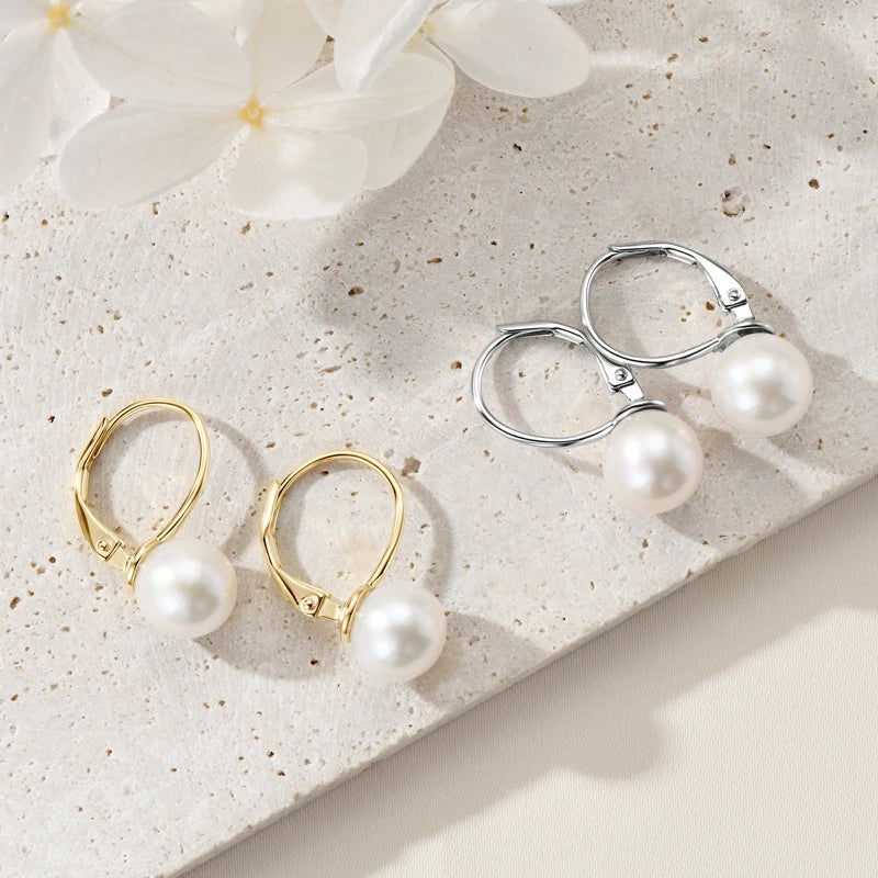 100% 925 Sterling Silver 8-9mm Natural Freshwater Pearl Drop Hoop Earrings White Pearl Wedding Fine Jewelry for Women Gift