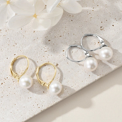 100% 925 Sterling Silver 8-9mm Natural Freshwater Pearl Drop Hoop Earrings White Pearl Wedding Fine Jewelry for Women Gift