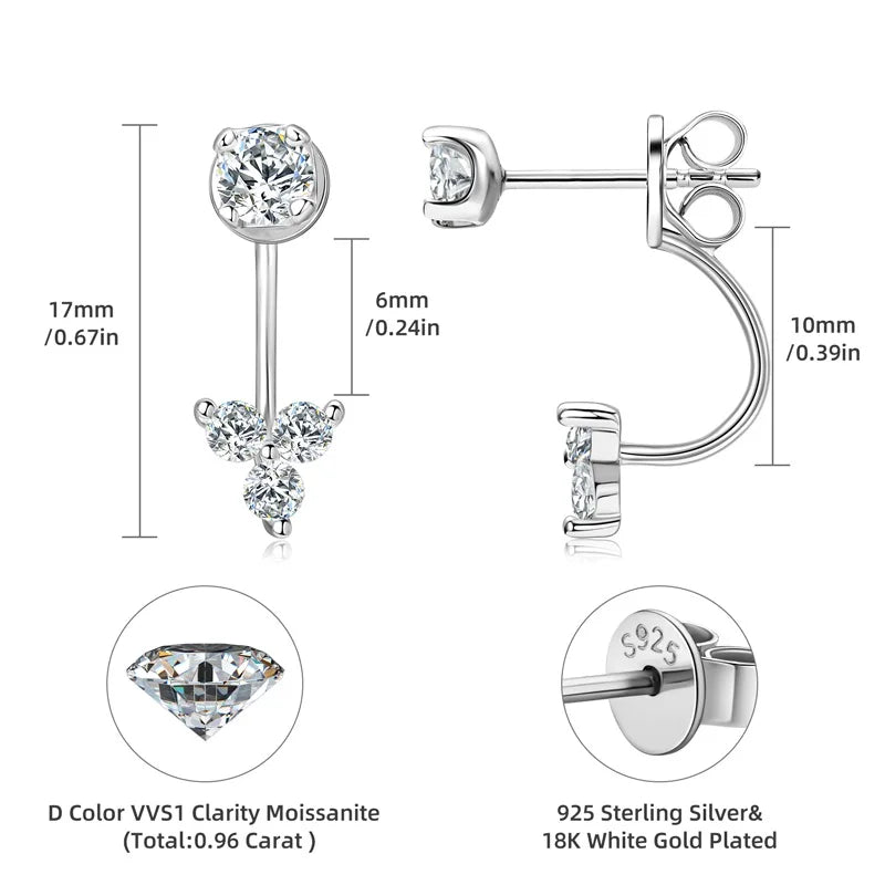 Dual Purpose  Flower D Moissanite Drop Stud Earrings Real 925 Silver Front and Back Piercing Ear Jacket for Women Jewelry Gift