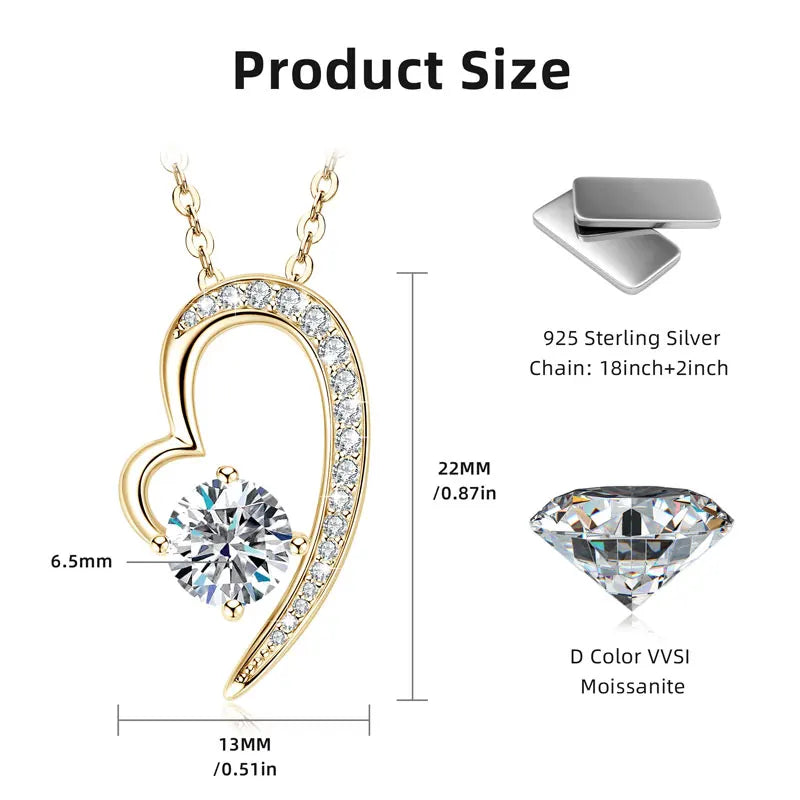 Real 925 Silver Heart Pendant Necklace Moissanite 1CT 6.5mm S925 Chain for Women Lover Girl Christmas Valentine's Day Gift