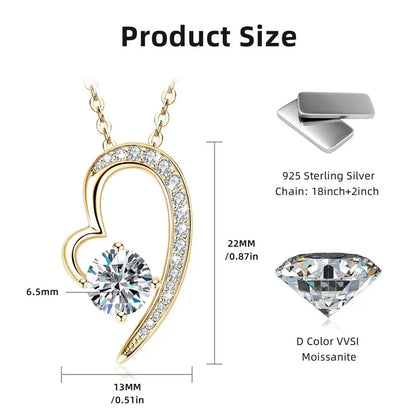 Real 925 Silver Heart Pendant Necklace Moissanite 1CT 6.5mm S925 Chain for Women Lover Girl Christmas Valentine's Day Gift