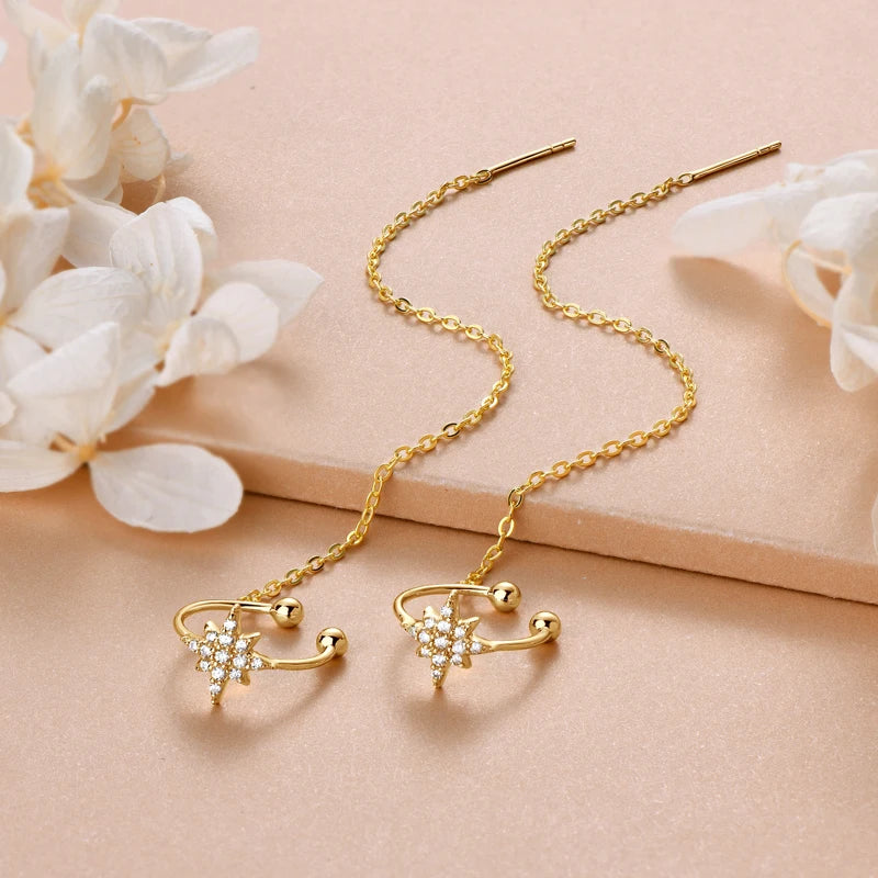 Moissanite Star Ear Line Cuff Crawler Climber Earrings for Women 925 Silver Long Chain Threader Earring GRA Jewelry Gifts