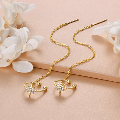 Moissanite Star Ear Line Cuff Crawler Climber Earrings for Women 925 Silver Long Chain Threader Earring GRA Jewelry Gifts