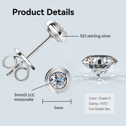 Bezel 5mm 6.5mm 1CT D Color Moissanite Earrings 925 Sterling Silver Plated K Gold Earrings for Men Women Gift Valentine's