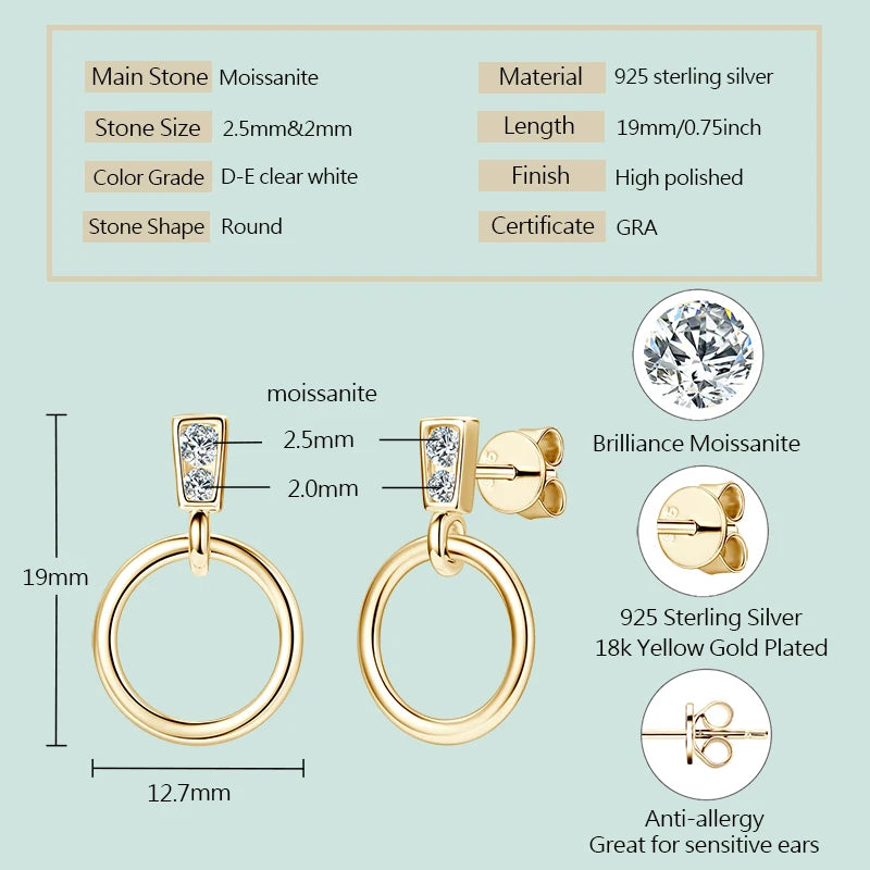 925 Sterling Silver Circle Dangle Drop Earrings for Women Moissanite Stud Earrings Minimalist Wedding Party Jewelry 2024