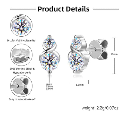2 Stones Moissanite Stud Earrings Real 925 Sterling Silver for Women GRA Certified Moissanite 5mm&3mm Lab Diamond 2025 New