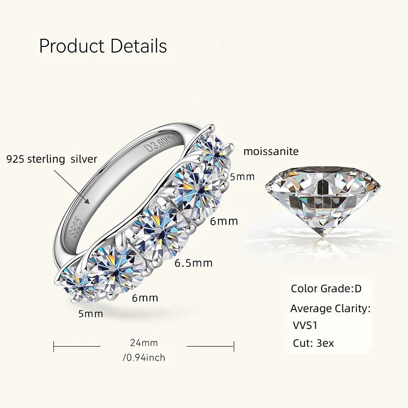 3.60CTW All Moissanite Diamond Ring Sparking D Color 5 Stones Wedding Engagement Band For Women 925 Silver Promise Jewelry