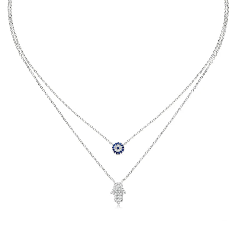 Devil's Eye & Fatima Hamsa Hand Pendant Double Chain Necklace Silver 925 Zircon Boho Protection Choker Women Charm Jewelry
