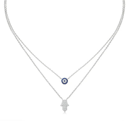 Devil's Eye & Fatima Hamsa Hand Pendant Double Chain Necklace Silver 925 Zircon Boho Protection Choker Women Charm Jewelry