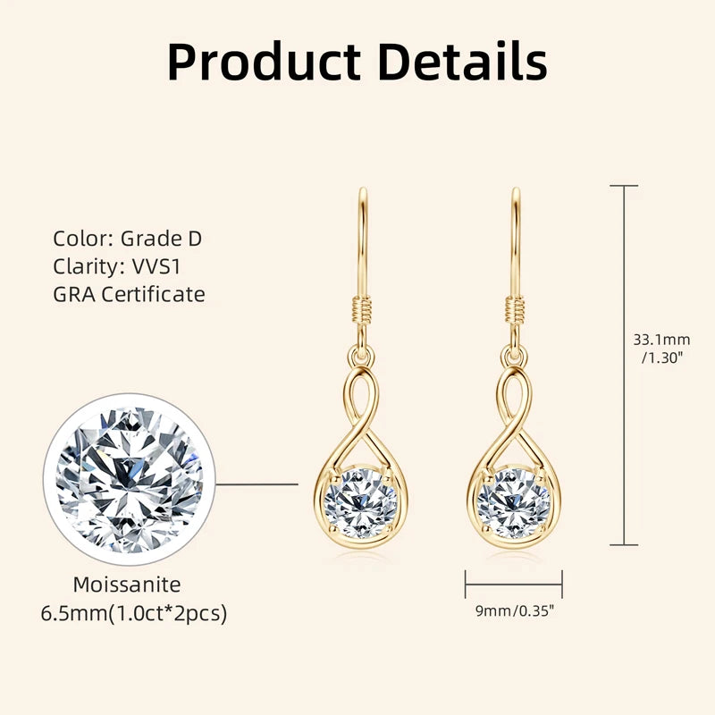 925 Sterling Silver 6.5mm 1.0 Carat Moissanite Drop Dangle Earrings Infinity Hook Wedding Jewelry Women's Christmas Gift