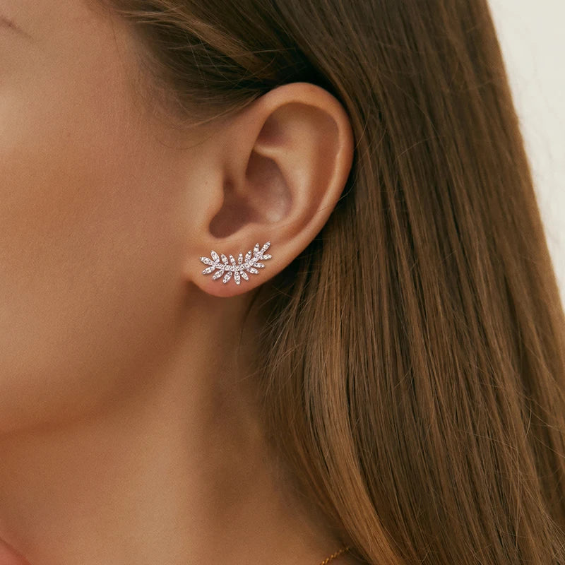 Leaf-Shaped Stud Earrings Climber 925 Sterling Silver D Color Moissanite Earrings for Women Wedding Party Jewelry Valentine Gift