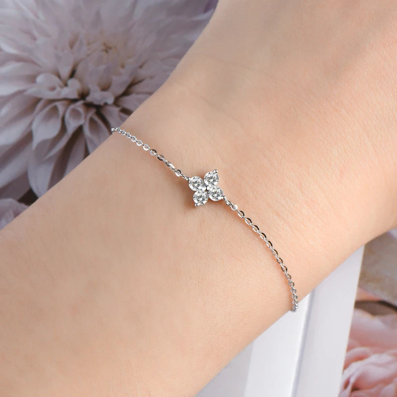 Lucky Four Leaf Clover Moissanite Bracelet 925 Silver for Women Certified D Color Simple Charm Jewelry 18k Gold Plated