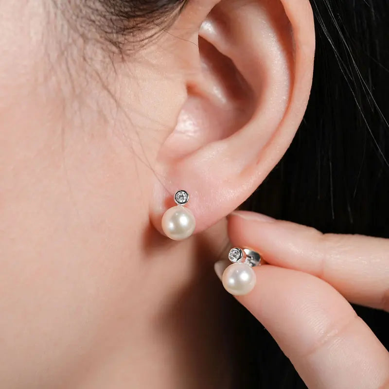 925 Sterling Silver Earrings 7-8mm Natural Freshwater Pearl Stud Earrings with 2.5mm Cubic Zirconia Jewelry for Women Gift