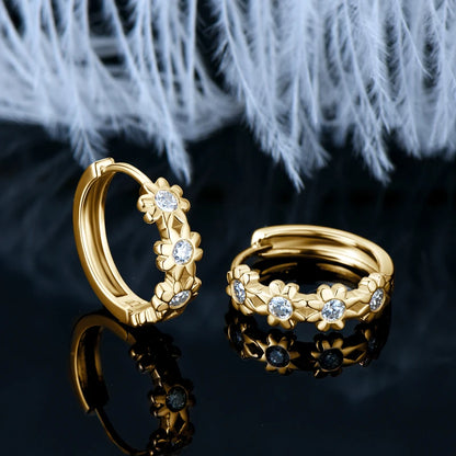 18K Yellow Gold Plated Women's Earrings Delicate Flower Hoops 2.2mm Real Moissanite 925 Silver Certified Jewelry Wedding