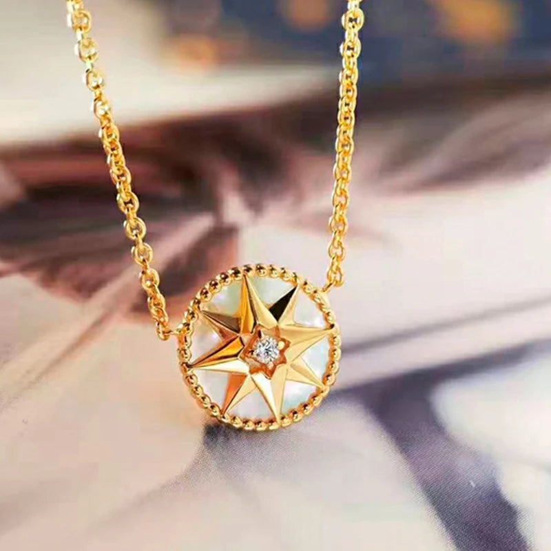 Compass Necklace for Women Girls Friends 18K Gold Plated Sterling Silver Mother of Pearl Travel Jewelry Graduation Gifts