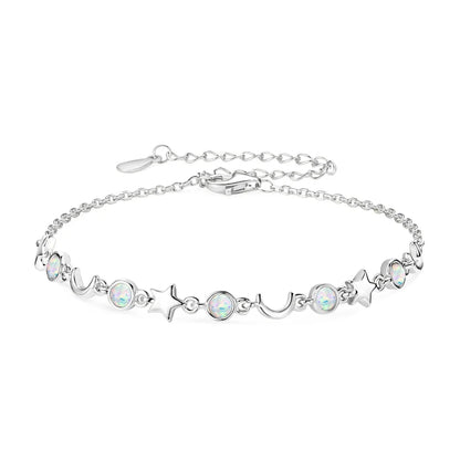 Bezel Artificial Opal Bracelet S925 Silver Chain Moon Star Bracelets for Women Girl 2024 Trendy Gift New Year Christmas