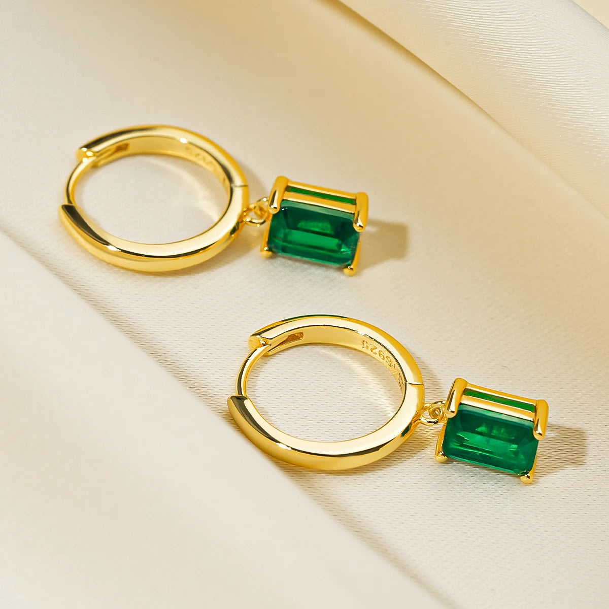 Emerald Cut Gemstone Drop Hoop Earrings for Women 925 Sterling Silver 14K Gold Plated Green Marqusie Round Cut CZ Stud Earrings