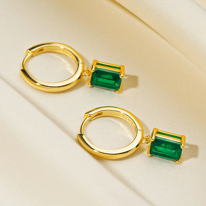 Emerald Cut Gemstone Drop Hoop Earrings for Women 925 Sterling Silver 14K Gold Plated Green Marqusie Round Cut CZ Stud Earrings