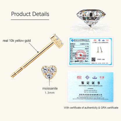 Solid 10K Yellow Gold Moissanite Earrings for Women Super Mini Heart Studs Earrings Piercing Ear Wedding Engagement Jewelry Gift