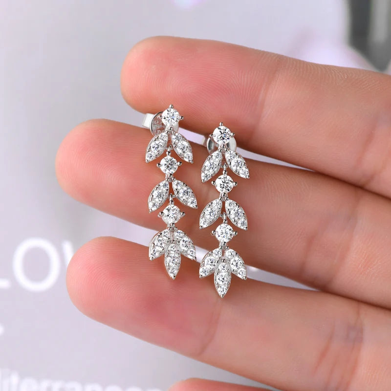 Real Moissanite Earrings Leaf Chandelier Drop Dangle Long Earrings 925 Silver Piercing Studs for Women Cute Jewelry Korean
