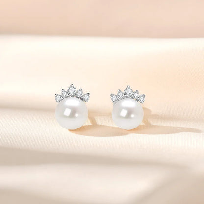 100% S925 Sterling Silver 7.5-8mm Natural Freshwater White Pearl Crown Piercing Stud Earrings for Women Fine Jewel Gifts