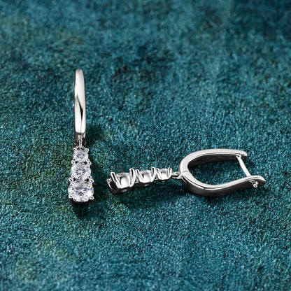 Three Stone Trilogy Clip Earrings 925 Sterling Silver 1.8CTW. Moissanite Pendant Earrings for Women Wedding Jewelry Gifts